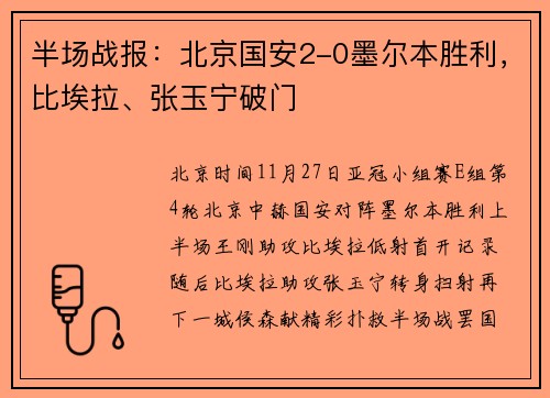 半场战报：北京国安2-0墨尔本胜利，比埃拉、张玉宁破门