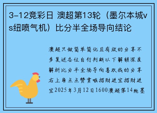 3-12竞彩日 澳超第13轮（墨尔本城vs纽喷气机）比分半全场导向结论