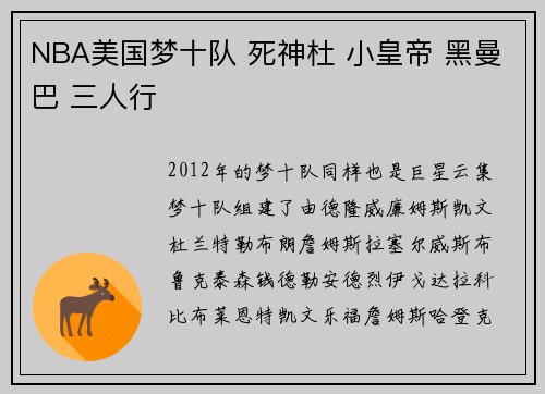 NBA美国梦十队 死神杜 小皇帝 黑曼巴 三人行