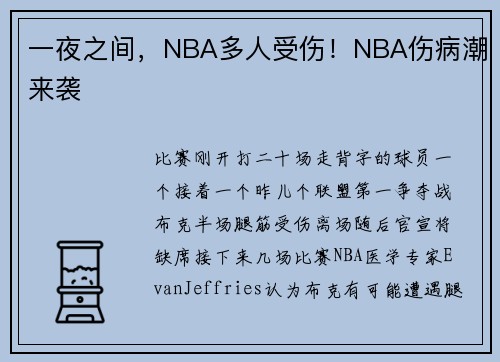 一夜之间，NBA多人受伤！NBA伤病潮来袭